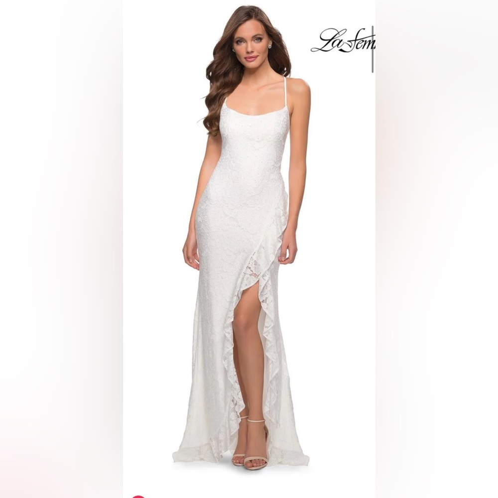 La Femme - White Crisscross Strapped Open Back Ruffle Slit Lace Gown -29650